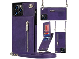 Capa Quadrada Com Zíper E Suporte Para Iphone 14 Pro Max, Transversal, Roxa