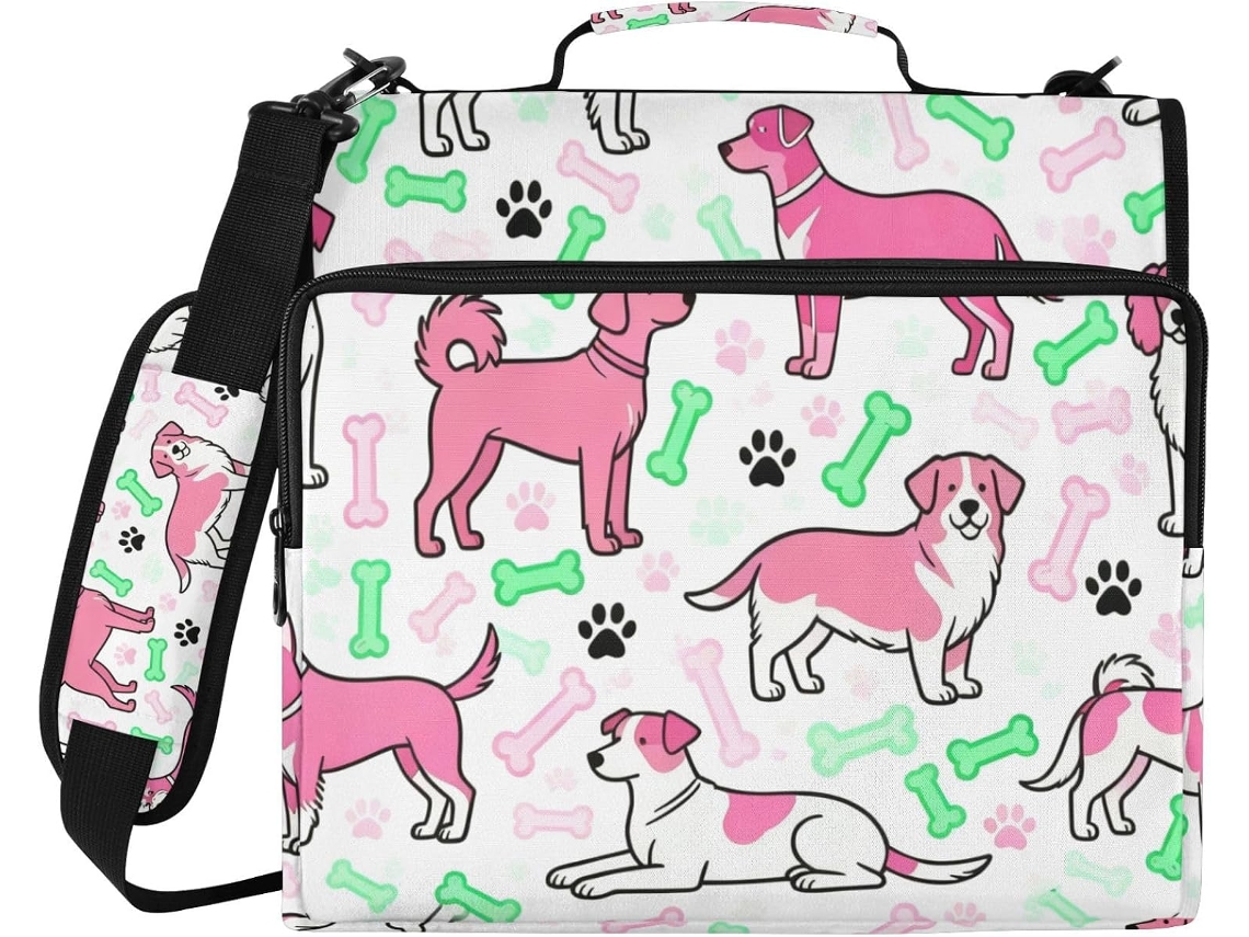 Organizador de Fichário 3 Argolas com Estampa Adorável Cachorrinho Rosa e Verde, Alça Mão Ombro Removível, Inc