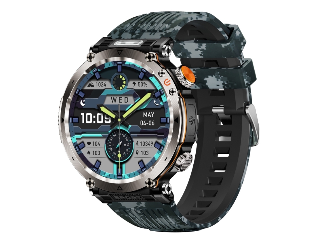 Relógio Inteligente Halinuia Camuflagem Modelo Ht30 (tela 1,7" Ip68 Silicone Camuflado, Lanterna, Detector Notas, Bússola)