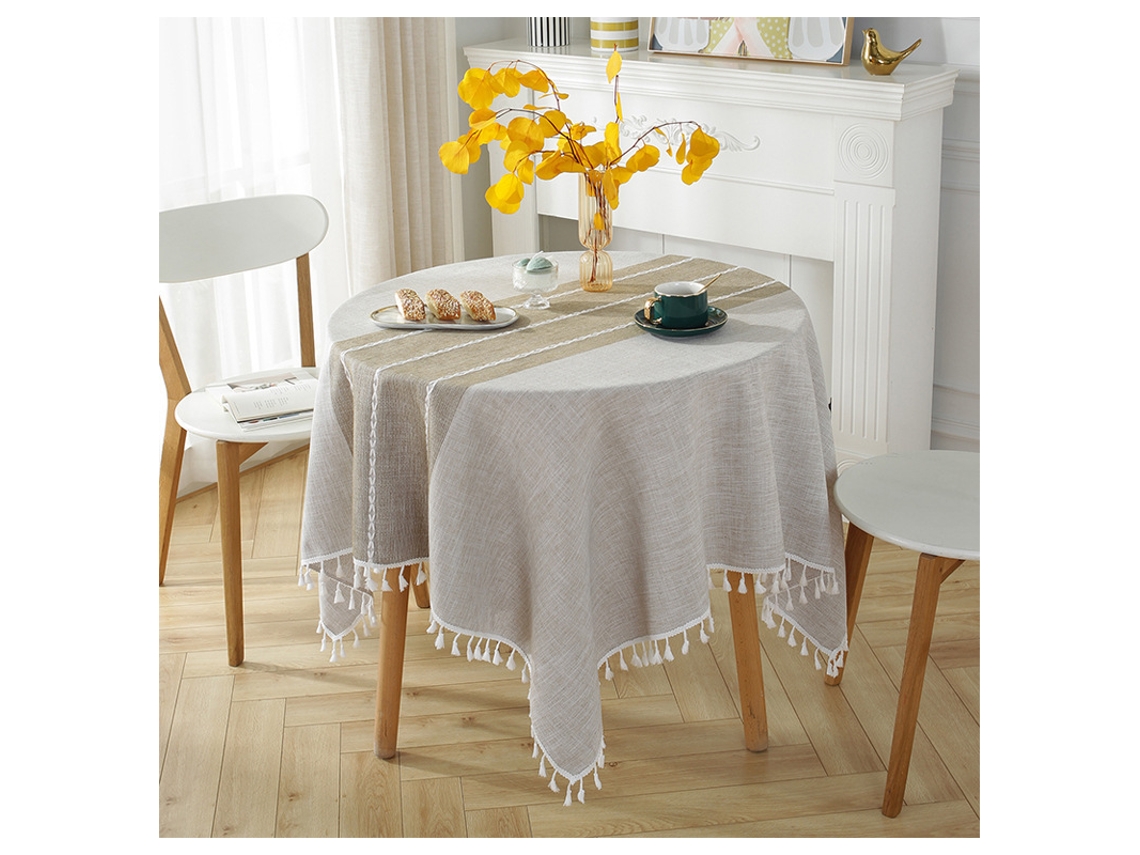 Lurelia Toalha De Mesa Redonda Algodão Linho Cáqui 120 Cm Lavável Antimanchas Bordado Borlas