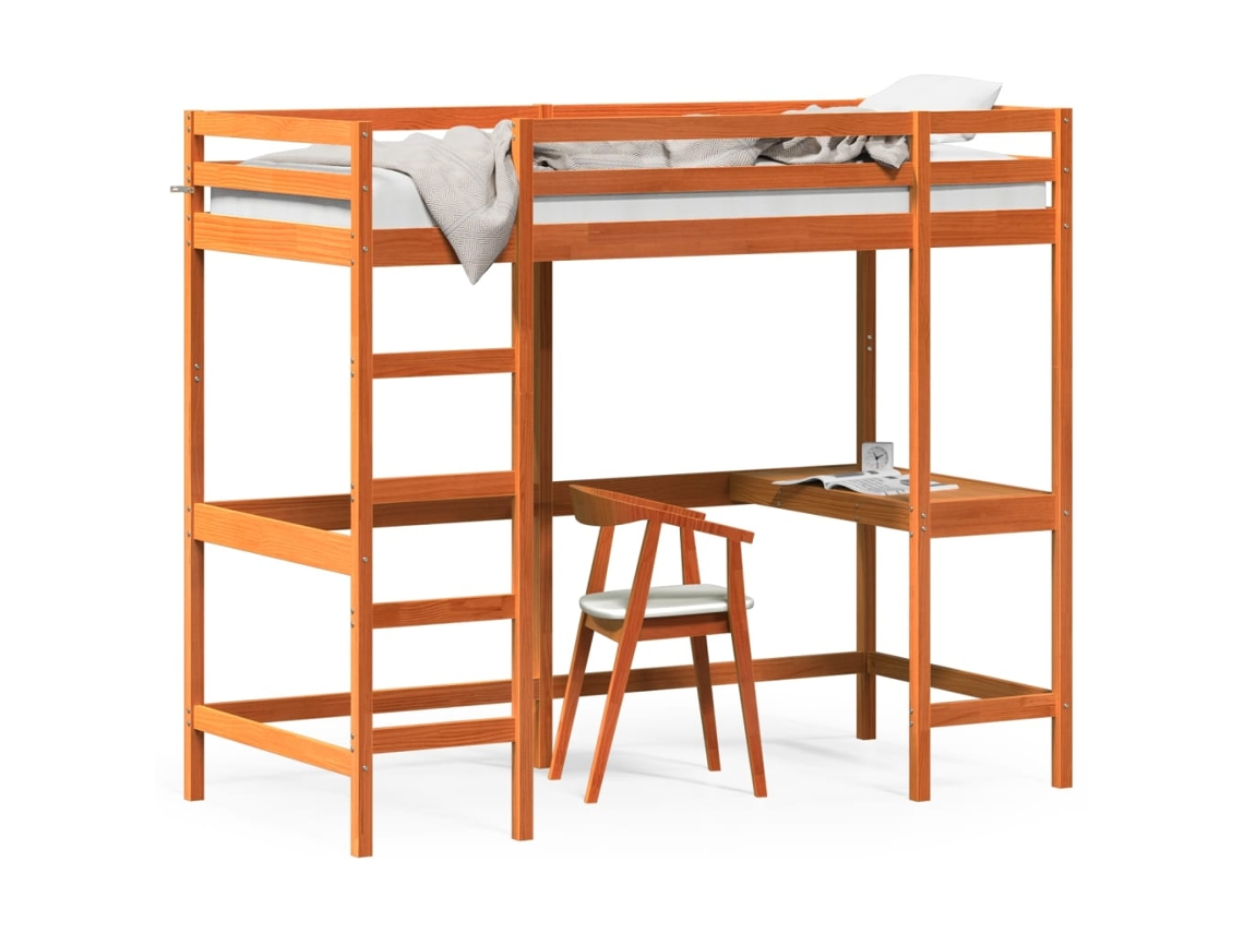Cama Alta com Secretária em Pinho Maciço Castanho Cera MAISON EXCLUSIVE (90x200 cm)