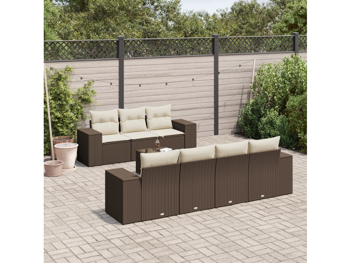 Vidaxl 8 Pcs Conjunto Sofás De Jardim C/ Almofadões Vime Pe Castanho
