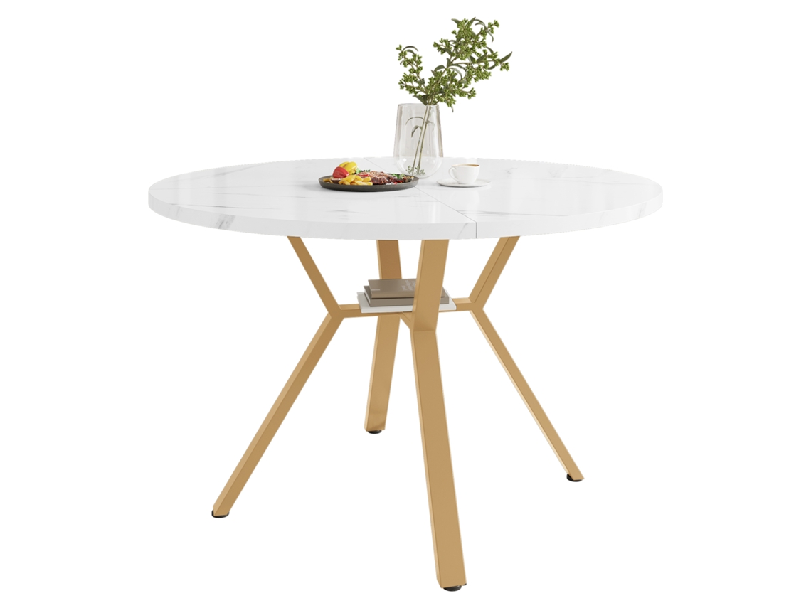 Mesa Redonda Imitação Mármore Ø1m Pés Metálicos Em X Dourados Sólida E Duradoura Decoração Moderna