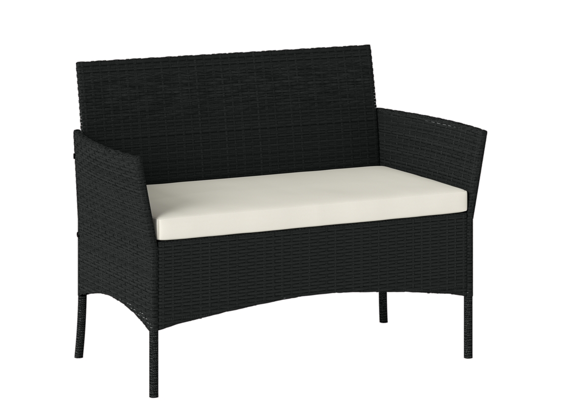 Sofá De Jardim De 2 Lugares Com Almofada E Apoios De Braço Em Rattan Pe E Aço, 107x55x80cm, Preto.