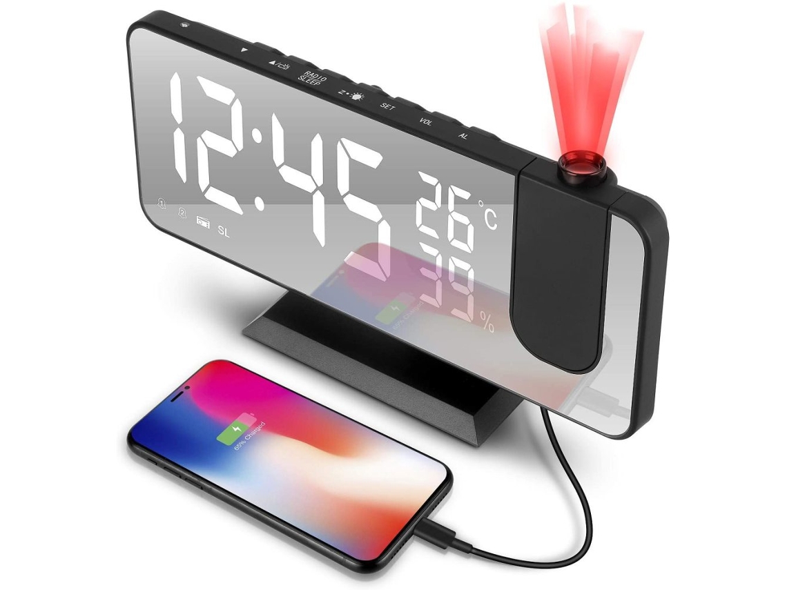 VYLARA Despertador Com Projeção Essential, Dimmer Automático Para Visualização Confortável, Alarmes Duplos Com Soneca Personalizável, Ideal Para Quem Tem Son