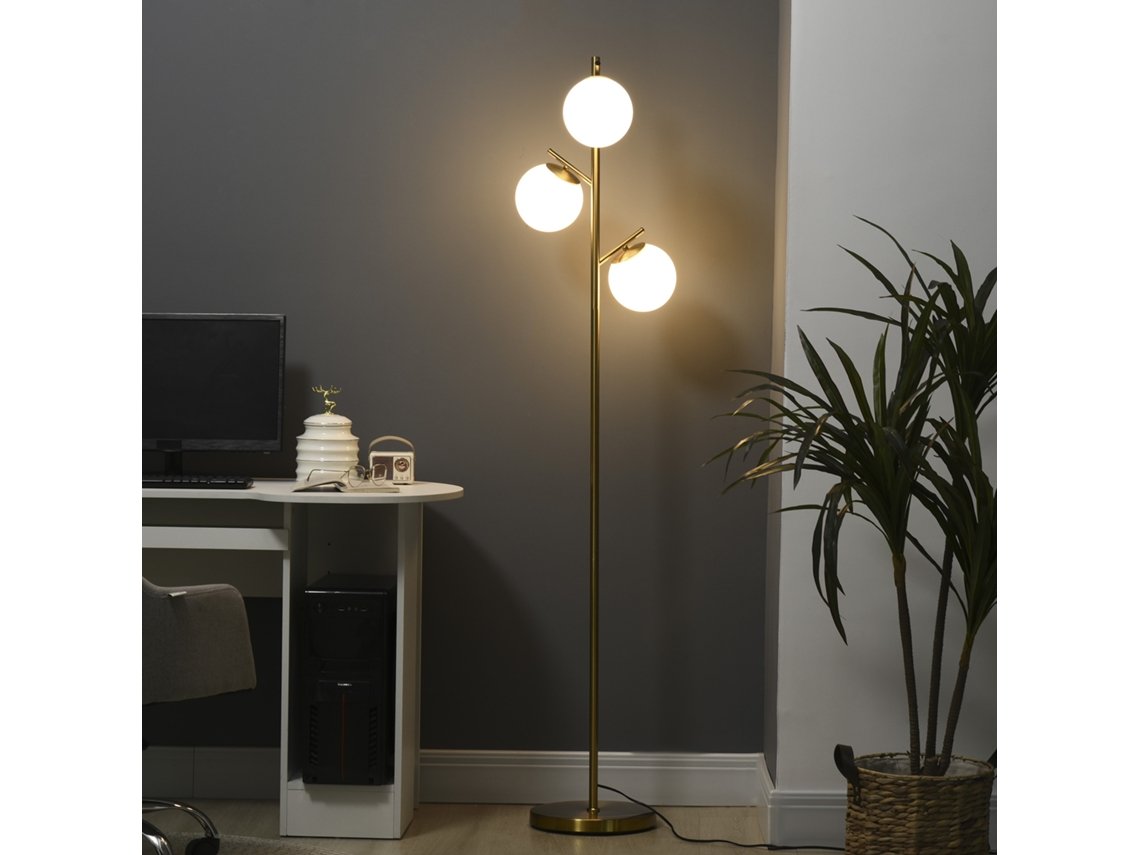 Luminária De Pé 40w Soquete E27, 3 Abajures Vidro, Altura 169cm, Uso Em Sala De Estar