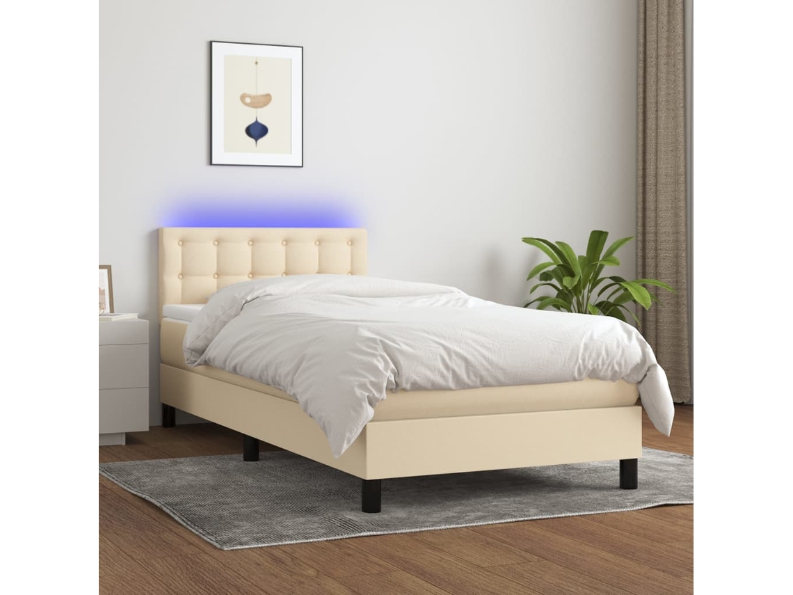 Vidaxl Cama Box Spring C/ Colchão E Led 80x200 Cm Tecido Cor Creme