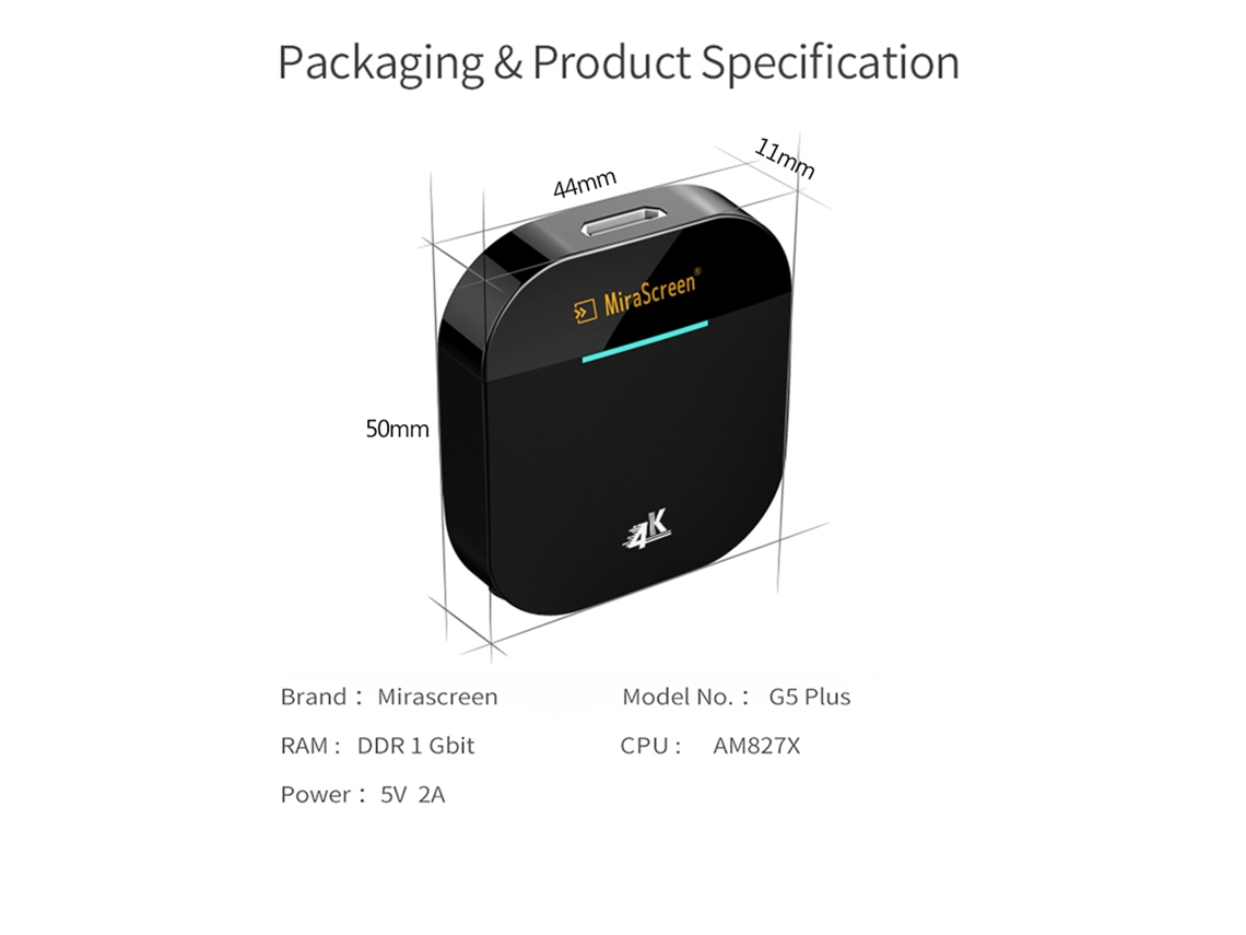 Mirascreen G5 Plus Receptor De Display Wifi 2.4g/5g 4k Uhd Miracast Airplay Para Ios Android Pc Tv Stick Preto