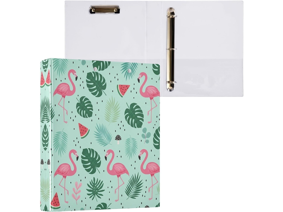 Pasta de 3 Argolas para Tamanho Carta , Linda Redonda com Estampa Flamingo e Prancheta, Ideal (27,9 X 21,6 Cm)