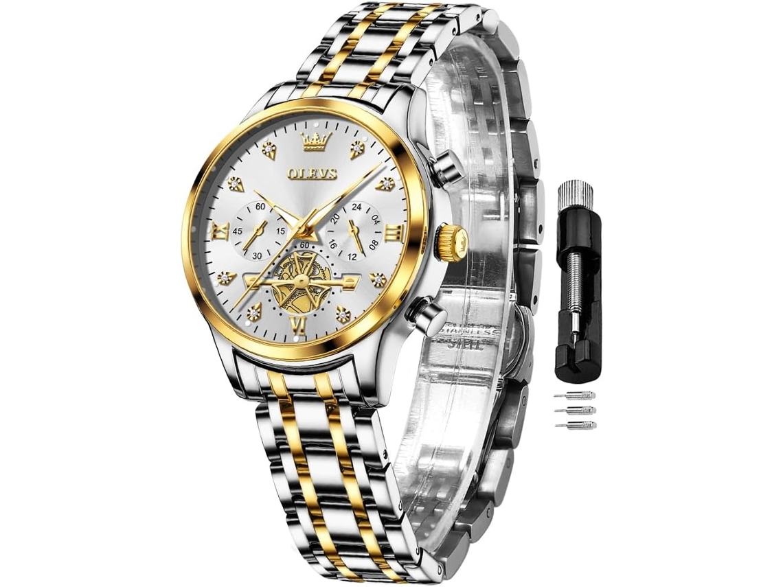 Lurelia Relógio Feminino, Movimento De Quartzo, Luminoso, Detalhes Com Strass, Aço Inoxidável, Resistente À Água 30m, Prata, Dourado