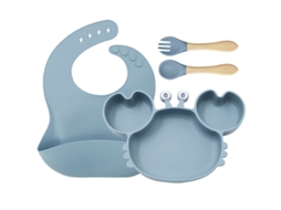 Conjunto 4 Peças Louça De Bebé Em Silicone Azul Claro: Prato Caranguejo, Babete E Talheres, Antiaderente, Bpa-free Para Blw