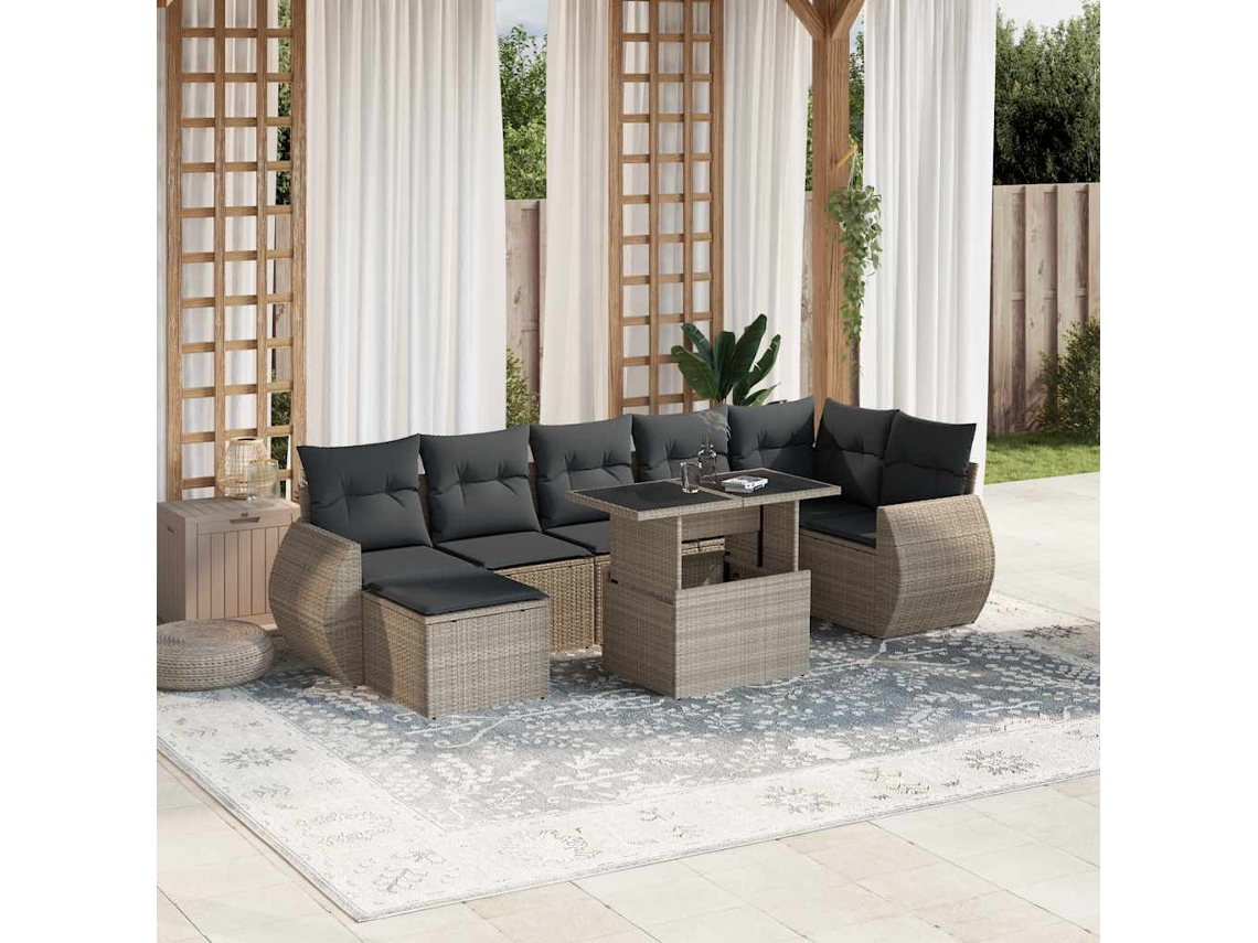 Vidaxl 8 Pcs Conj. Sofás Jardim C/ Almofadões Vime Pe Cinzento-claro