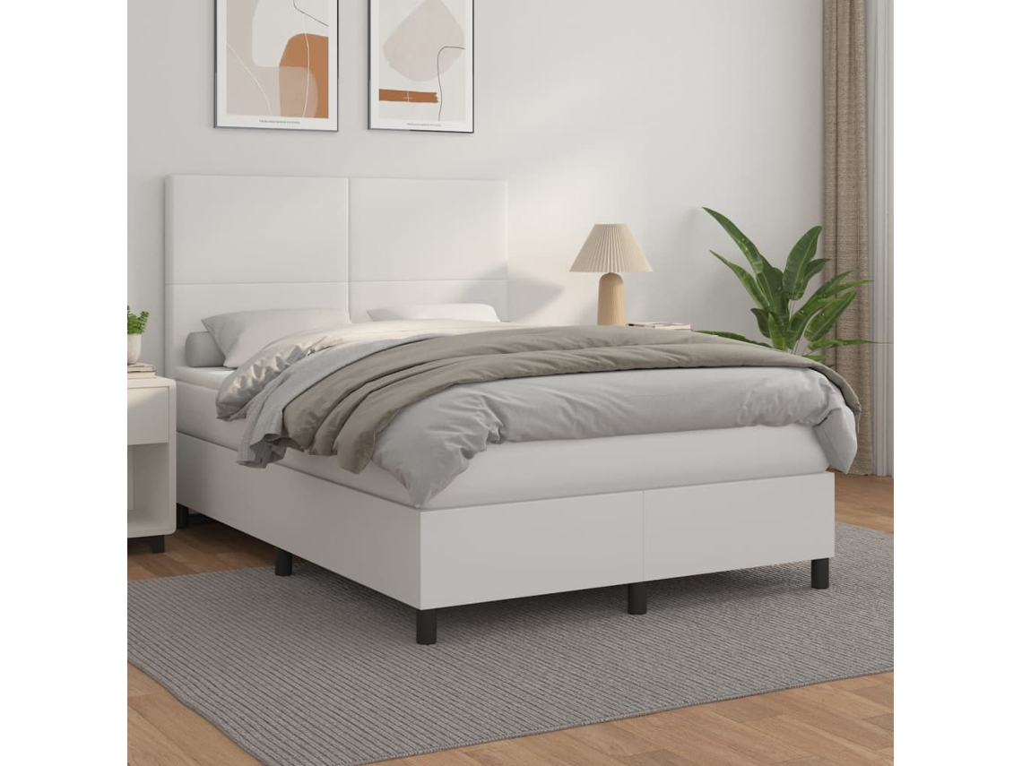 Cama Com Molas/colchão 140x190 Cm Couro Artificial Branco