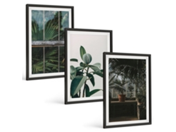 Conjunto De Pinturas Folhas Verdes Na Janela, Plantas Espelharte (3 Peças 40x60 Cm)