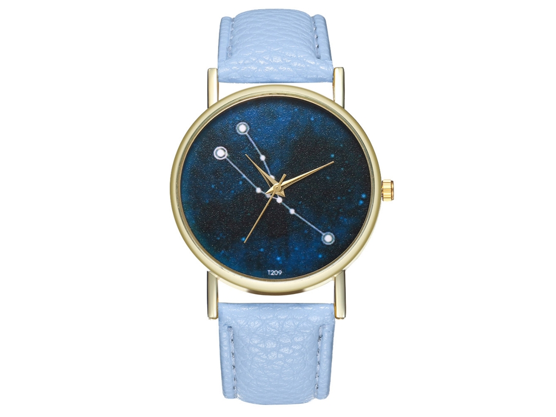 Relógio de casal com a constelação de Touro, pulseira de couro azul claro, movimento de quartzo unissex.