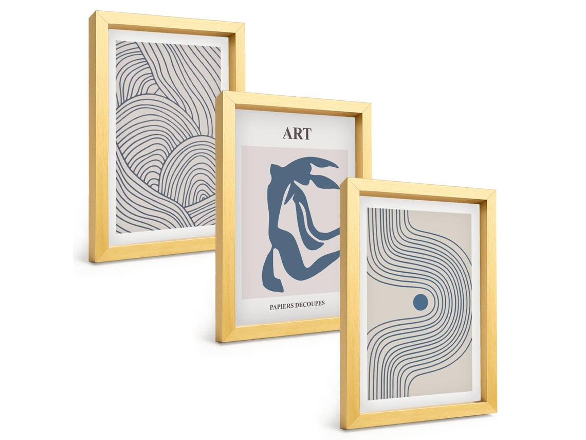 Pinturas Murais Modernaslinhas Abstratas Azuis Moldura Dourada Fotos Para O Corredor Espelharte (3 Peças 20x30 Cm)