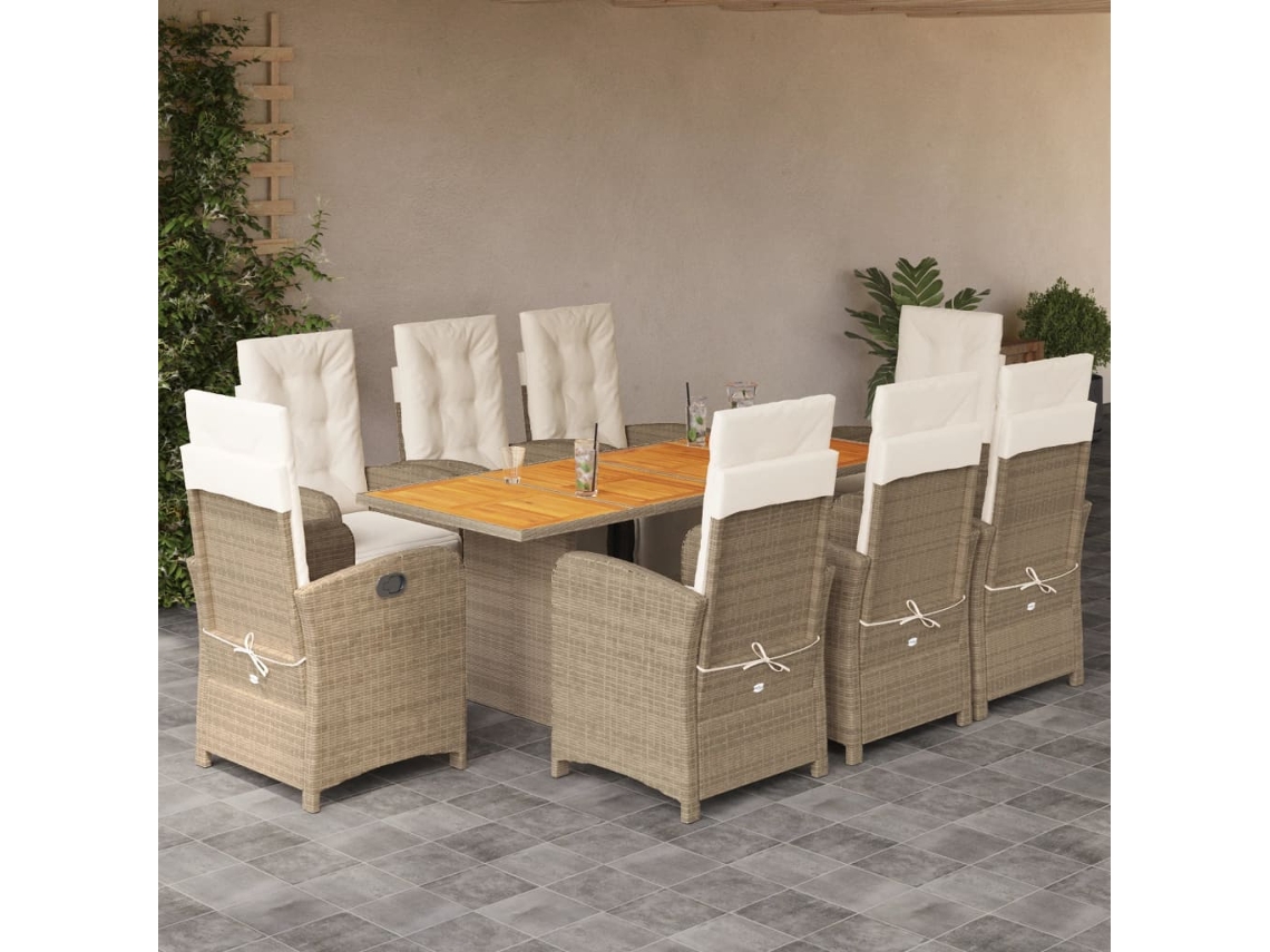 Vidaxl 9 Pcs Conjunto De Jantar P/ Jardim Com Almofadões Vime Pe Bege