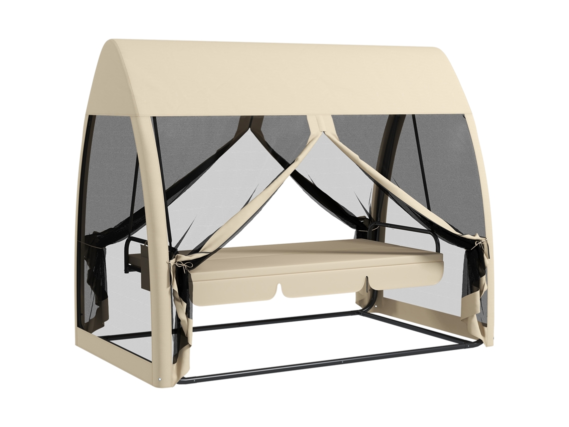 Balanço de varanda para 3 lugares com função de cama, mosquiteiro, estrutura de aço, café | S/MARCA