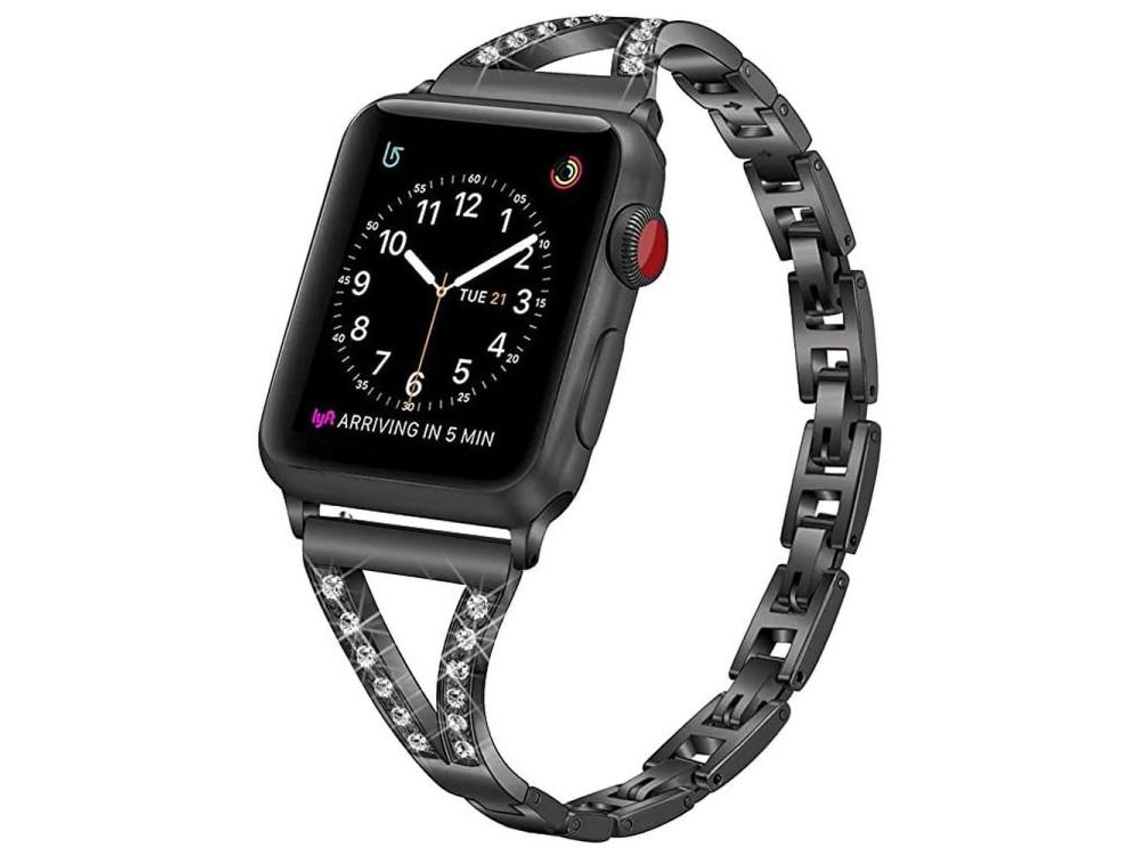 Bracelete para Apple Watch 46/49/45/44mm Aço Inoxidável com Diamante e Padrão Espinha de Peixe Preto XIAOMOYU