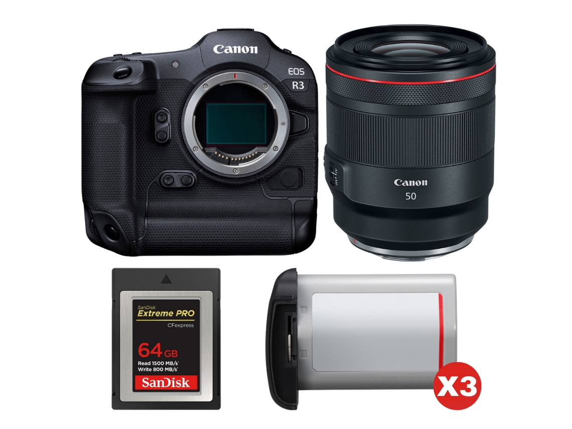 Eos R3 + Rf 50mm F/1.2 L Usm + 1 Sandisk 64gb Extreme Pro Cfexpress Type B + 3 Canon Lp e19 + Ebook “20 Dicas para Fotos Que Impressionam” CANON