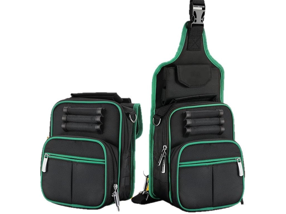 Bolsa portátil para ferramentas de eletricista, para transporte no ombro, com compartimento principal e bolsos frontais.
