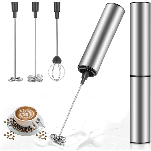 Espumador de Leite Manual Recarregável Usb 2 Velocidades 3 Acessórios para Café Ovos Prateado AQUAFORGE