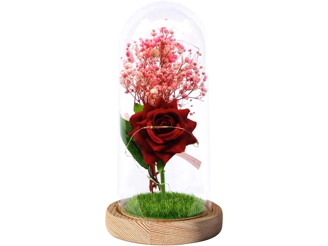 Flor Artificial Rosa Luz LED Cúpula Vidro Presente MARCA