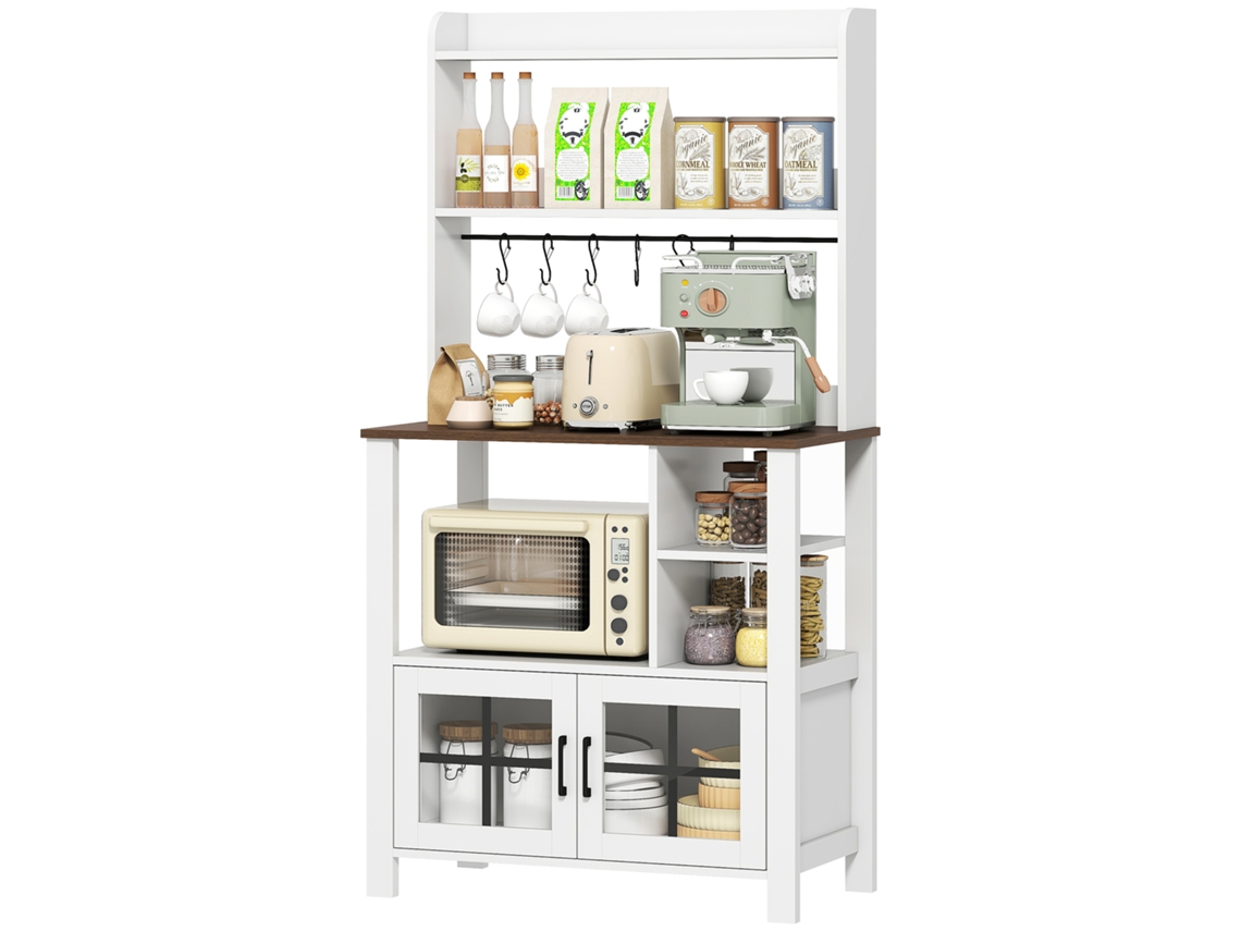 Armário De Cozinha Alto Móvel Auxiliar De Com 6 Ganchos Para Chávenas 2 Portas De Vidro Prateleiras Abertas 80x40x152 Cm Branco