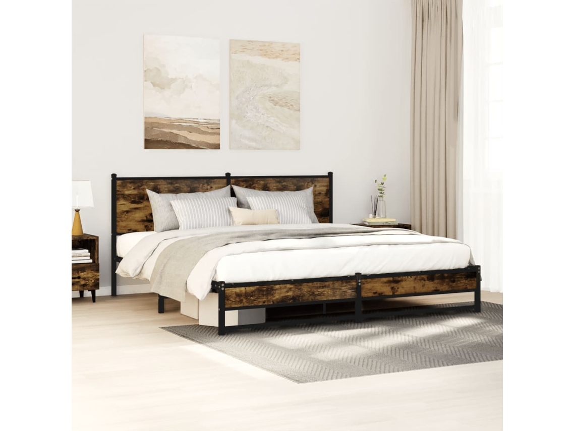 Estrutura De Cama Sem Colchão 183x213cm Metal Carvalho Fumado