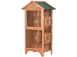 Gaiola Para Pássaros De Madeira Com 3 Portas 4 Poleiros Bandeja Amovível E Teto Asfáltico 80.5x57x153 Cm Natural