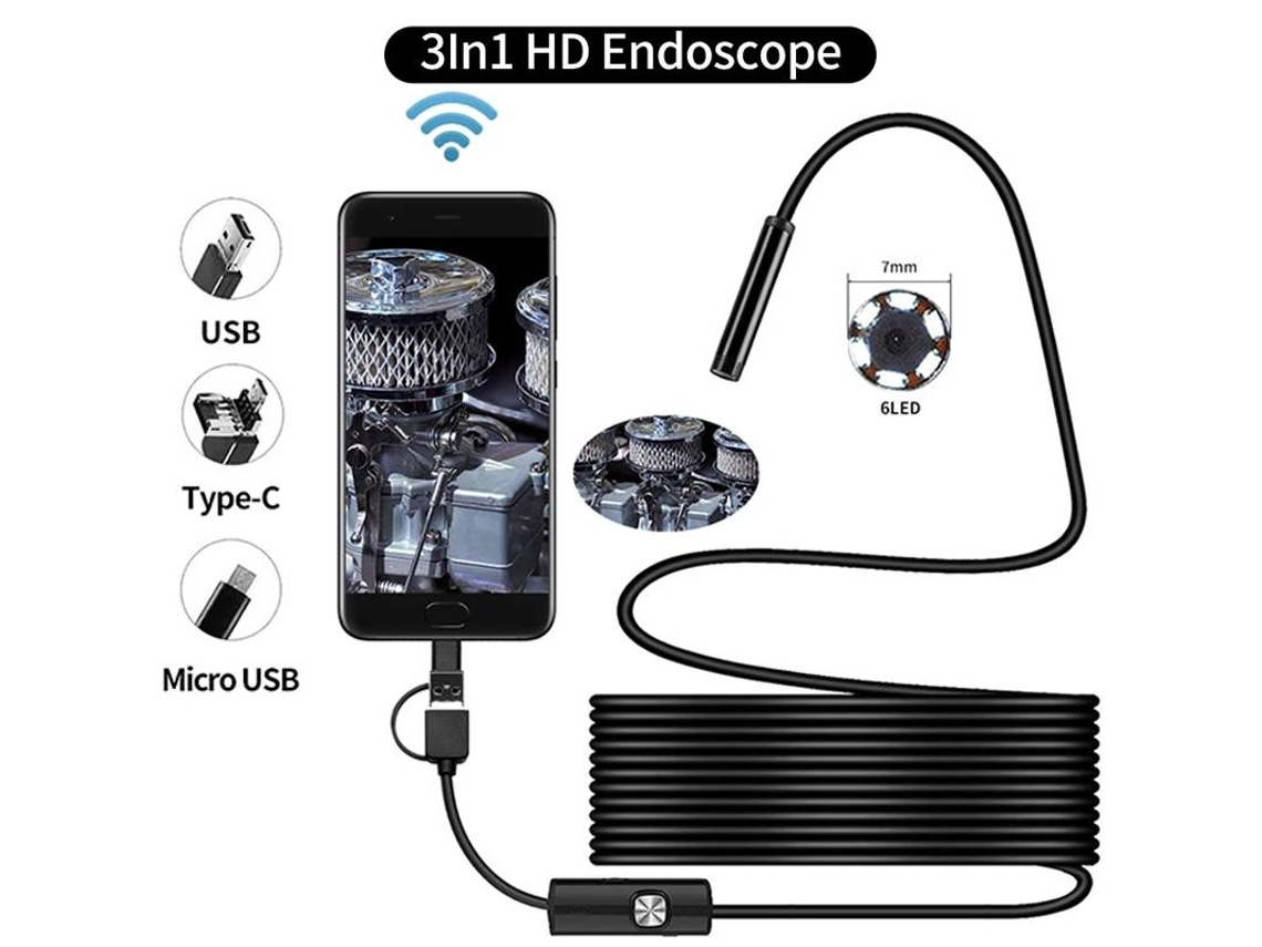 Câmera Endoscópica Usb De 2 M À Prova Dágua Ip67, Cabo Macio Android/pc, Preto Brilvibera