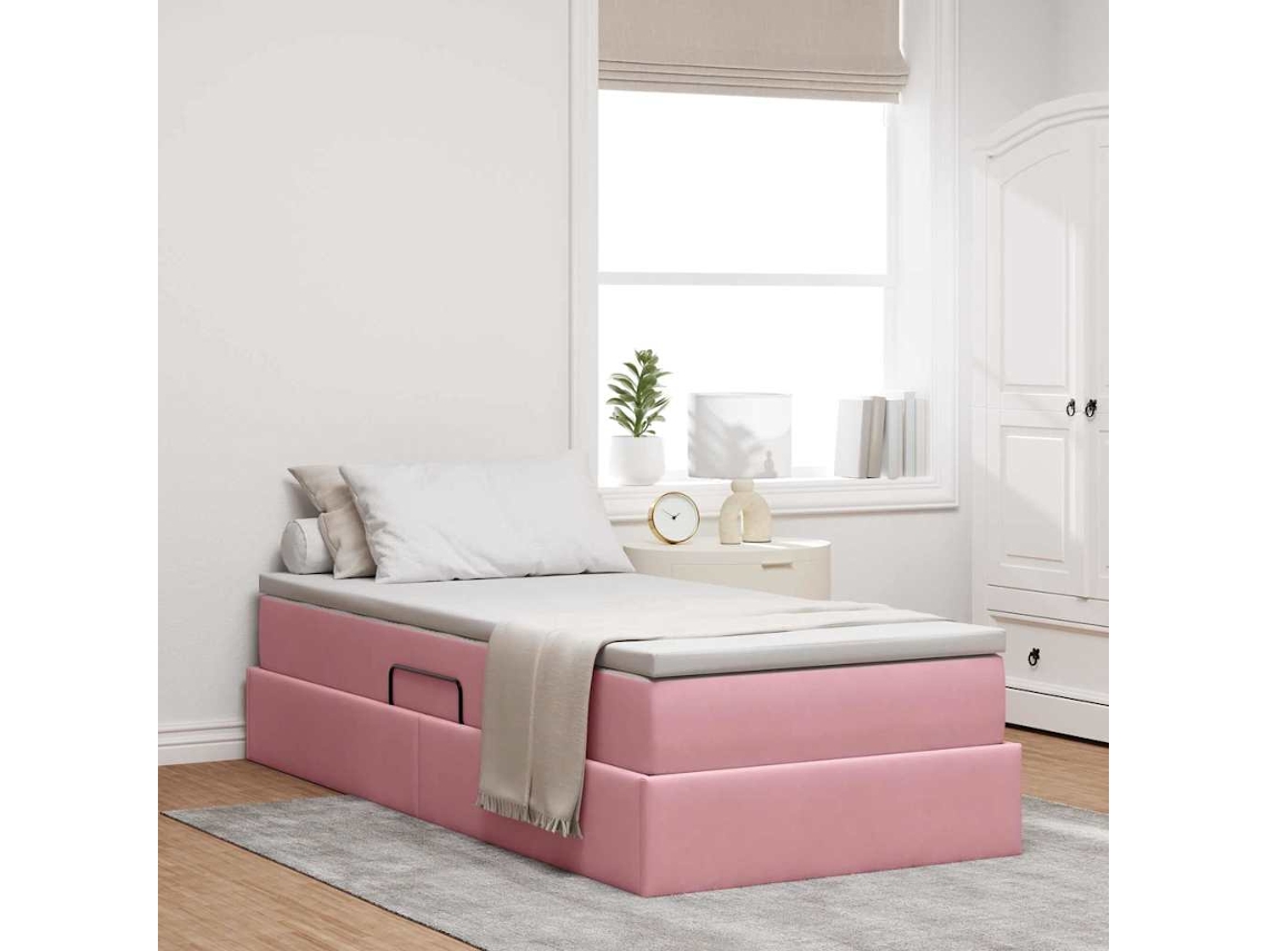Vidaxl Cama Com Arrumação E Colchão Rosa 90 X 190 Cm Veludo