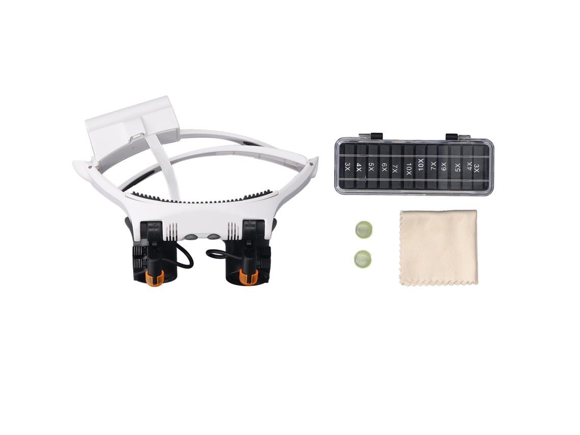 Lupa de cabeça com kit de luz LED fria e quente (1,5x-10x) para reparo de circuitos e joias.