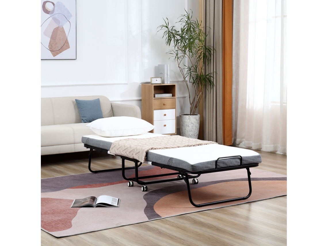 Cama Dobrável 200x90 Cm com 4 Rodas. Cama Portátil P/camping. com Colchão de Solteiro de 10 Cm. Estrutura Aço. Carga 150 Kg. para Quarto.