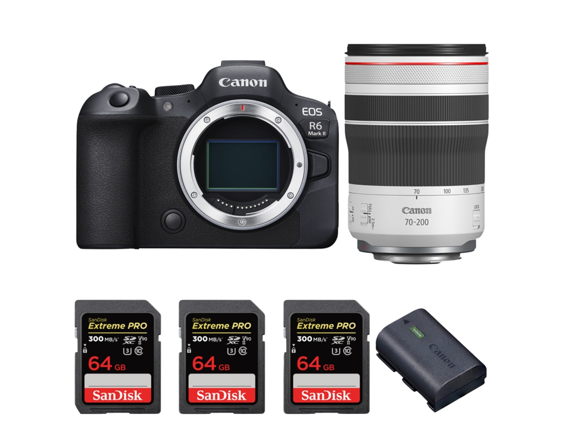 Eos R6 Mark Ii + Rf 70 200mm F/4 L Is Usm + 3 Sandisk 64gb Uhs ii 300mb/s + 1 Canon Lp e6nh + Ebook “20 Dicas para Fotos Que Impressionam” CANON