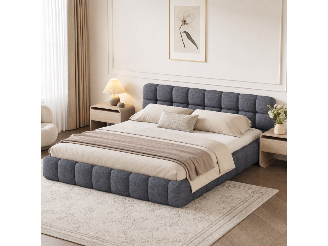 Cama Bubble 140x190cm, cama de casal estofada com cabeceira almofadada e base de ripas, sem colchão, tecido de linho, cinzento, Simurq