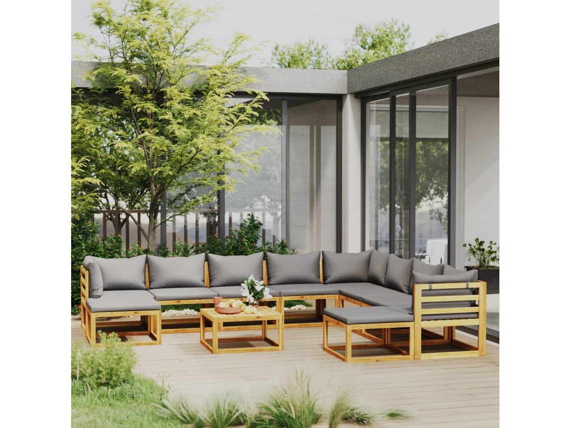 Vidaxl 11 Pcs Conjunto Lounge De Jardim Com Almofadões Acácia Maciça