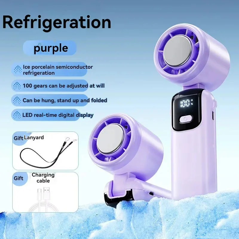 (roxo) Mini ventilador portátil de mão, display digital LED, dissipação de calor por gel cerâmico supercondutor.