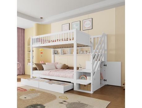Cama Loft 90x200cm, Cama Infantil Com Gavetas, Armário, Estante E Espaço De Armazenamento, Sem Colchão, Branco (254x95x165cm)