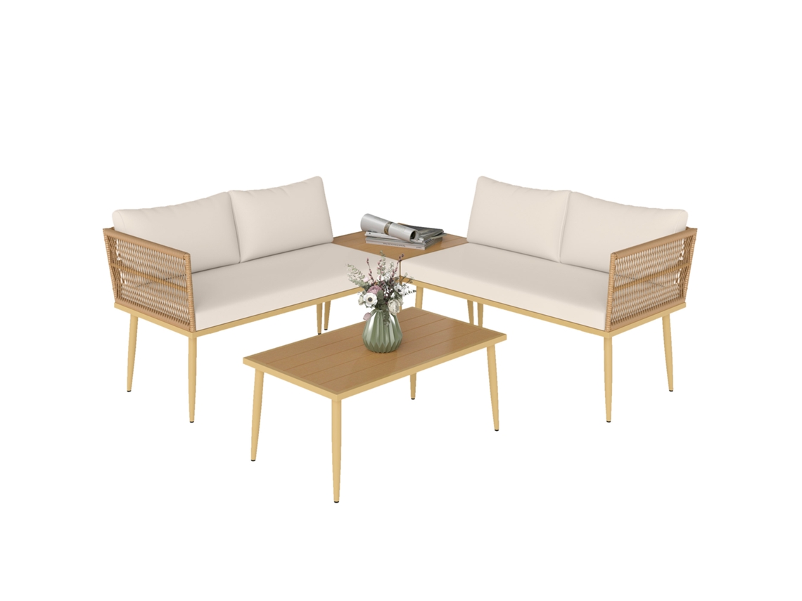 Conjunto de Lounge Externo em Rattan Pe com 2 Sofás de 2 Lugares com Almofadas e 2 Mesas de Centro, Cor Madeira ZENCORE SERVICES