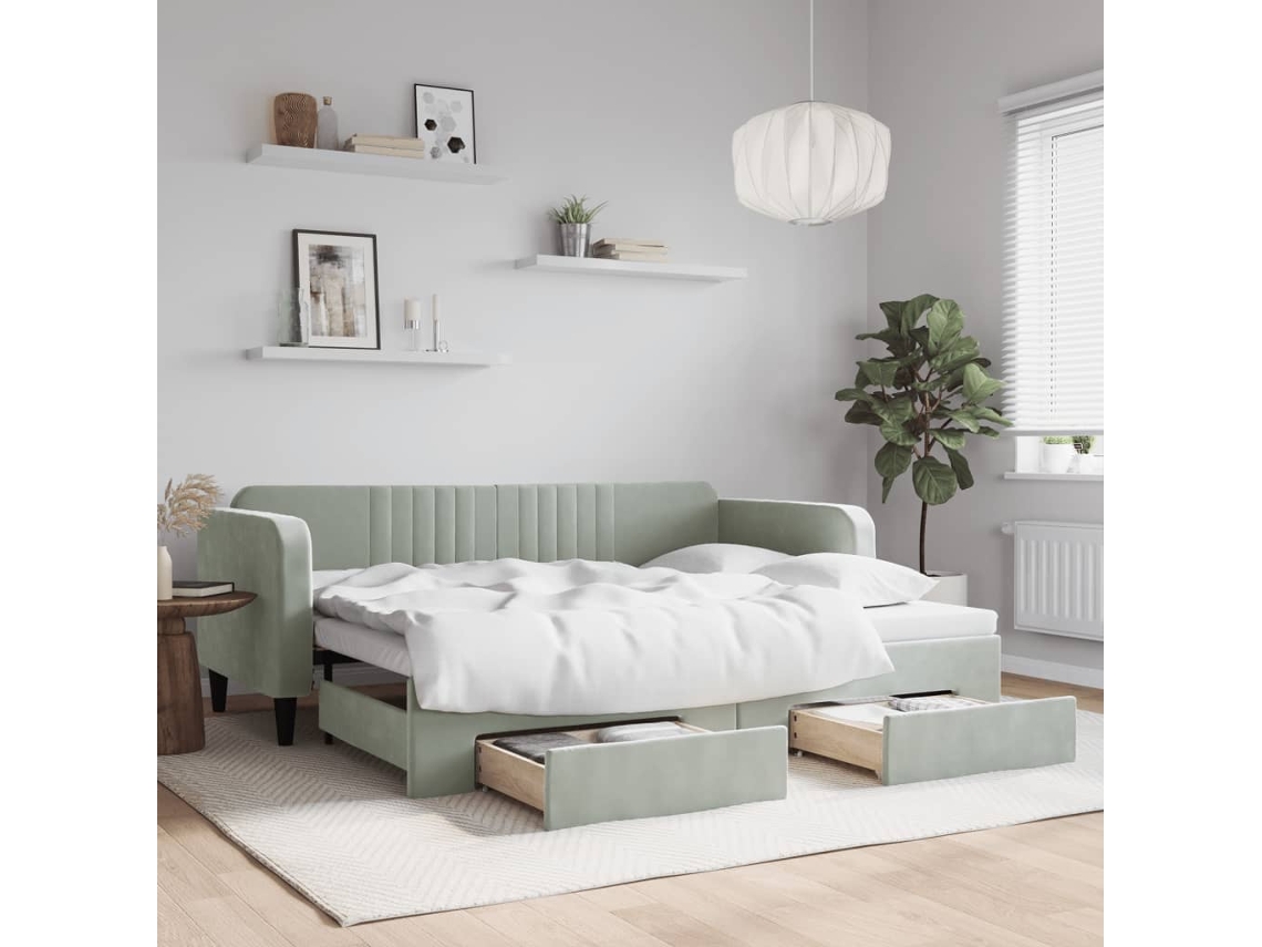 Cama De Solteiro | Camas Para Quarto | Sofá-cama C/ Gavetão E Gavetas 90x200 Cm Veludo Cinzento-claro