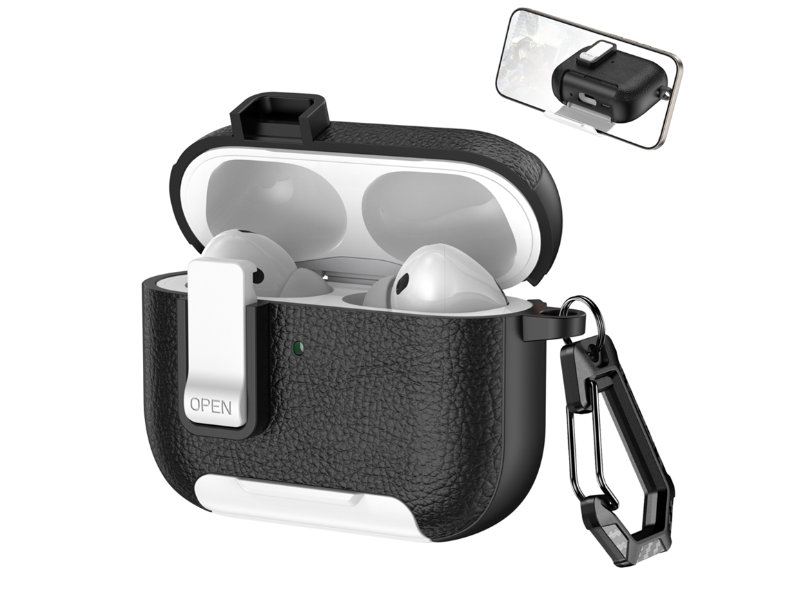 Capa em Couro Vegano para Airpods Pro 3, com Mosquetão, Compatível com Carregamento Sem Fio e Inclui um Suporte,preto e Branco. PANOONA