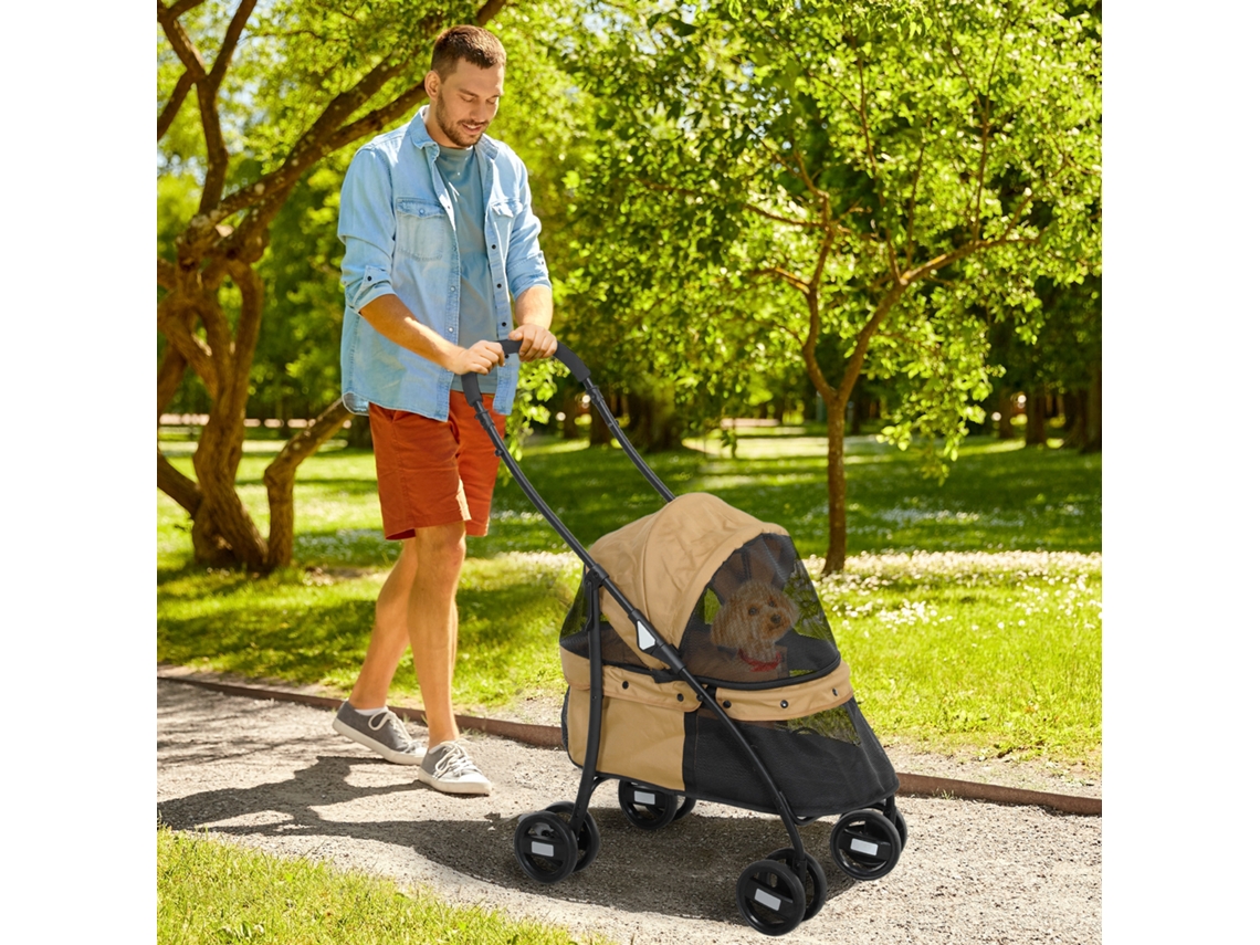 Carrinho Dobrável Para Cães Pequenos, Com Janelas Em Malha, Almofadas Laváveis, Tiras De Segurança E Estrutura De Aço - Cor Café