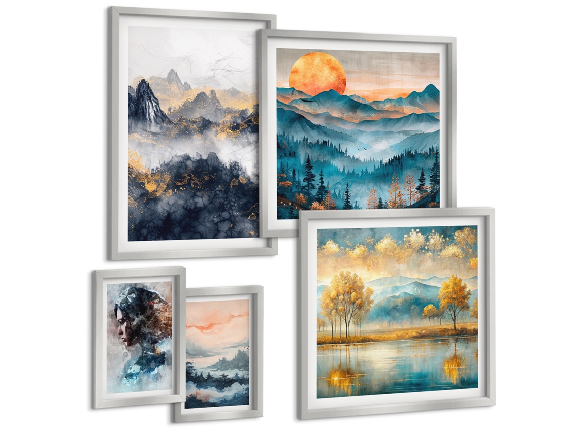 Conjunto De Pinturas Paisagens De Montanha E Retratos Espelharte (5 Peças)