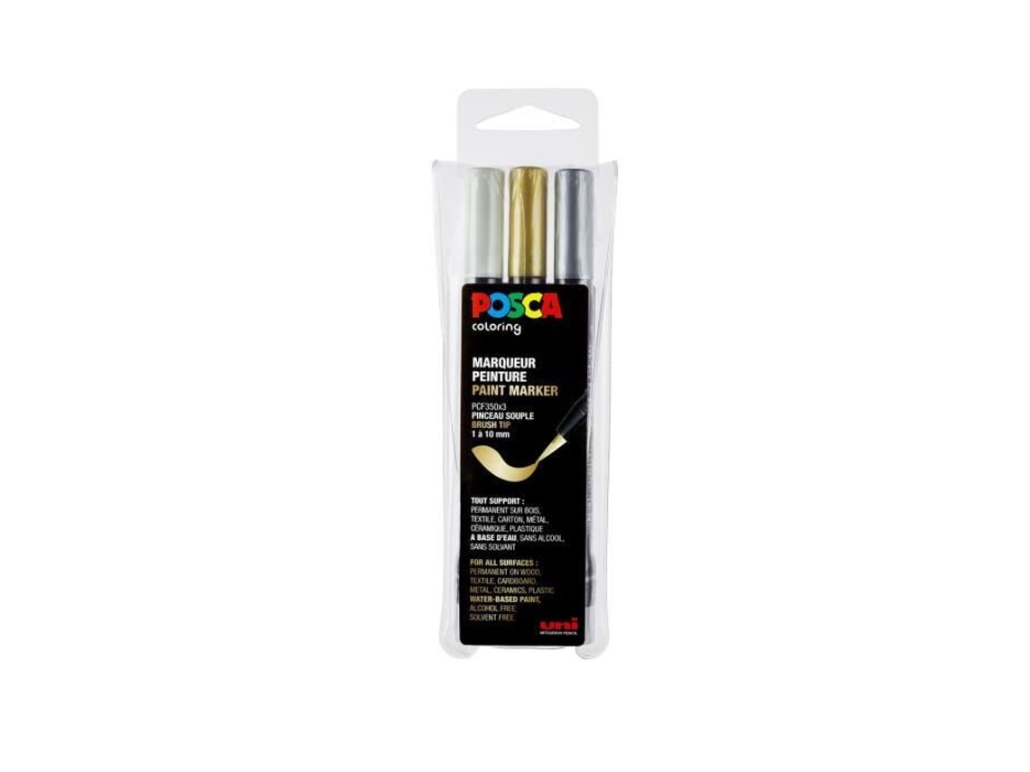 Conjunto de 3 marcadores de pincel PC350 Ouro - Prata - Branco
