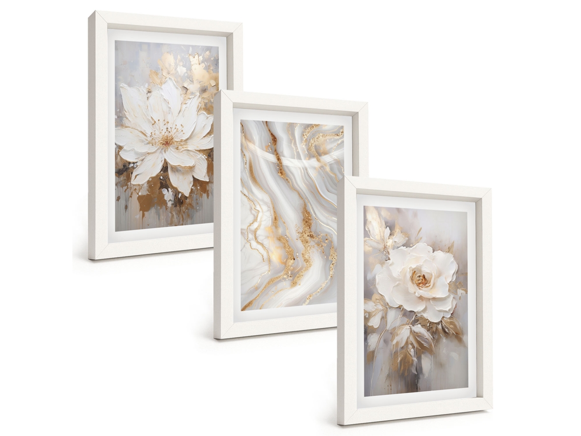 Composição De Quadros Flores, Mármore Abstrato Moldura Branca Quadros Para A Sala De Estar Espelharte (3 Peças 20x30 Cm)