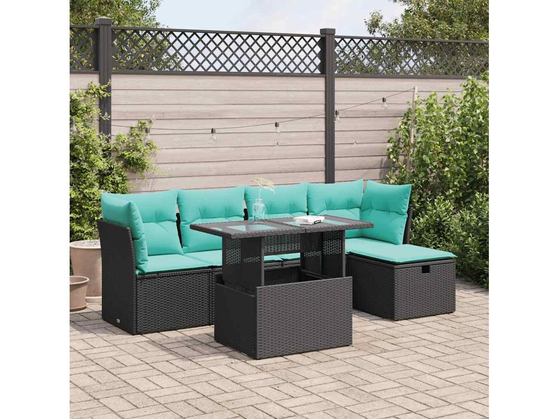 Vidaxl 6 Pcs Conjunto Sofás Jardim C/ Almofadões Vime Pe/acácia Preto