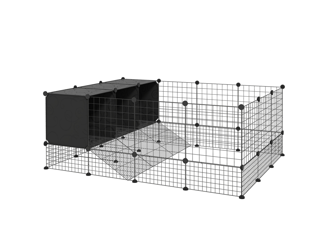 Recinto para Pequenos Animais Modular Parque para Coelhos com 39 Painéis 3 Abrigos para Cobaias e Coelhos da índia Preto