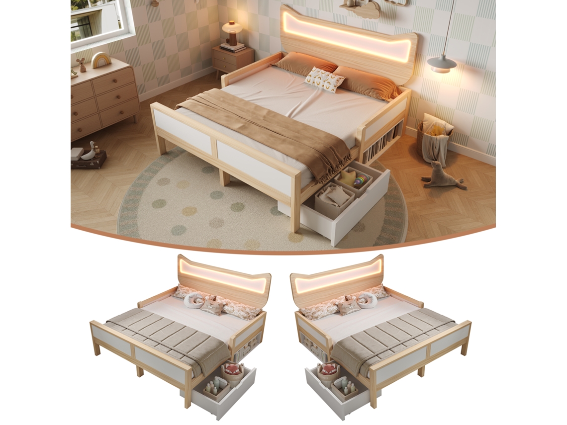 Cama Infantil 140x200, Cabeceira Gato, Led Rgb, Gaveta, Nicho, Grade, Branco/carvalho, Sem Colchão.