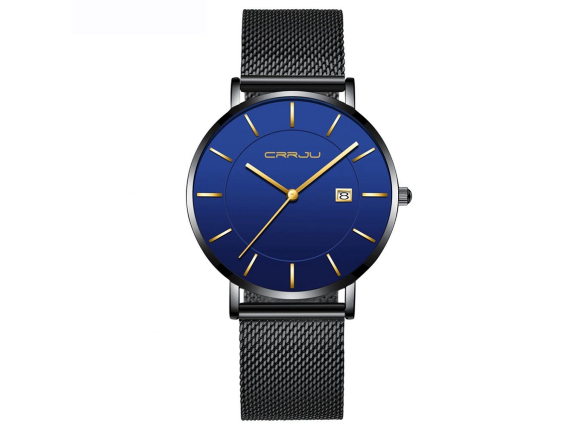 Relógio de pulso masculino em aço inoxidável com pulseira de malha e mecanismo de quartzo azul redondo.